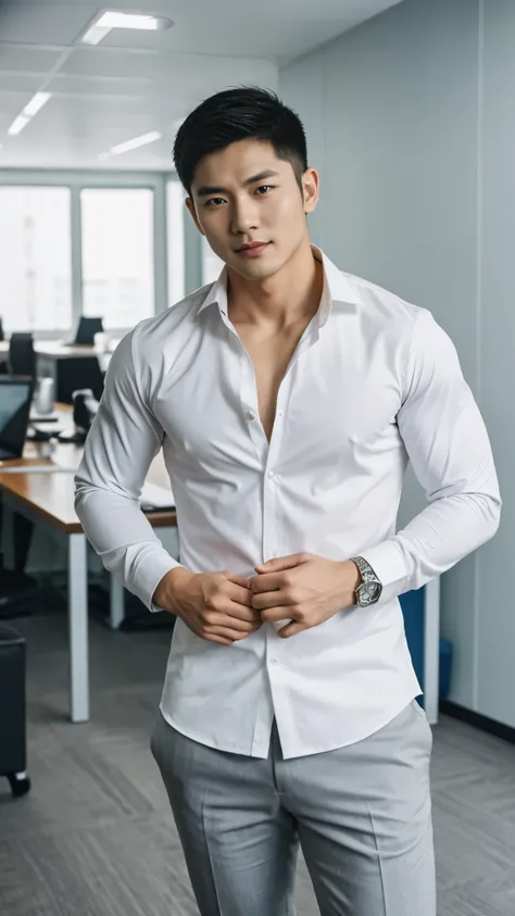 A Korean man with short hair and handsome face features wearing long sleeved shirt, pants, and shoes standing in an office with masculine pose and fierce expression, facing straight to the camera, muscular build, detailed face, detailed clothes, detailed b...