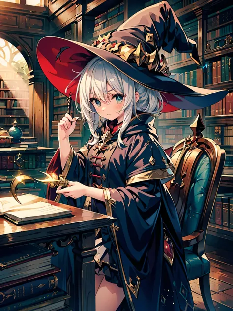 (masterpiece), best quality, Very detailed, A Magus girl with white hair holdding a magical sickle, Witch Hat, Huge Horn, Ruffled skirt, Red and black clothing, sickle, Magic Light, The background is library ,library