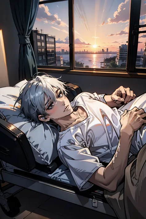 ((best quality)), ((masterpiece)), (detailed), 
a man lying in a hospital bed，pale complexion，the sunset outside the window