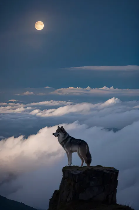 A wolf stands on a steep mountaintop in the dark night，Ang Xiao。Its posture is upright，Thick and shiny hair，The eyes are firm and shining，As if expressing a call of wildness and。Surrounded by a vast sea of clouds，Clouds and mist，A fairyland-like view。far a...