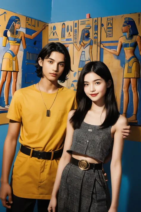 245 Inside the mural２people々々々々々々々々々(An 18-year-old female and an 18-year-old male), short hair,kind, lipstick, Egyptian civilization, Waist belt, Hieroglyphics, smile