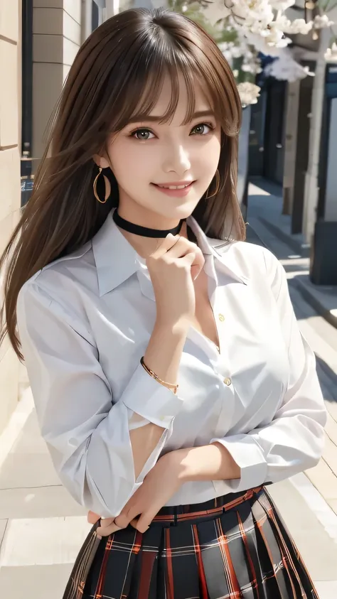 masterpiece, Highest quality, whole body, One girl, bangs, black choker, black tie, Blonde, blue skirt, blush, bracelet, chest, choker, clothes The surrounding area waist, clavicle, collared shirt, Cowboy Shot, dress shirt, ear Earrings, Eyebrows visible t...