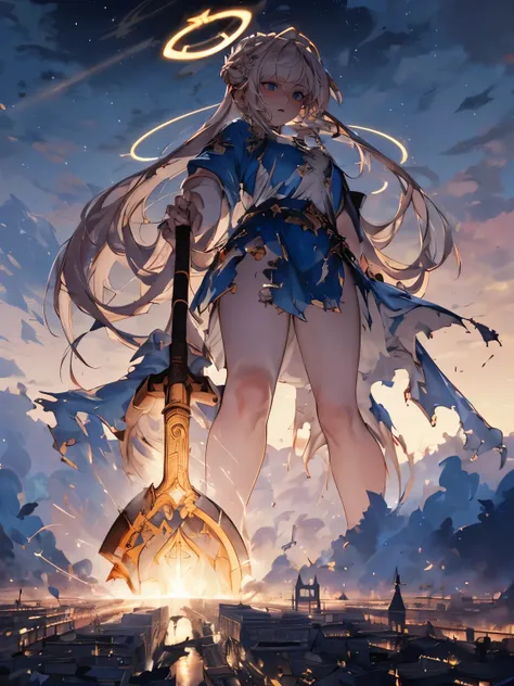 destroyed city, (100 meter tall huge goddess floating, emits light from all over the body, lost pupils, last judgment, blue flame), weapon, aerial angle from below, braid, (((halo, giant axe)))