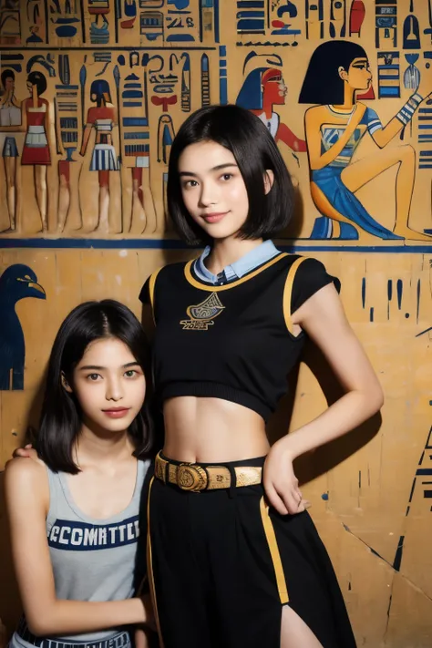 245 Inside the mural２people々々々々々々々々々(An 18-year-old female and an 18-year-old male), short hair,kind, lipstick, Egyptian civilization, Waist belt, Hieroglyphics, smile