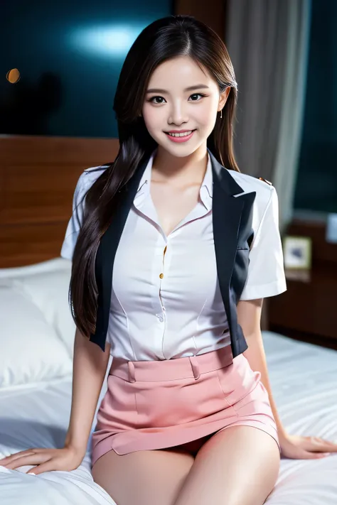 a gorgeous lady, age 21, Flight Attendant uniform, Shenzhen Airlines Stewardess, white shirt and pink mini-skirt, natural sitting pose on bed, dimpled smile, short ponytail hair, short bob hair, cute snaggleteeth, well-endowed round bosom, long flawless le...