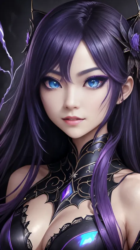 強力なスーパーevil女がクローズアップでポーズをとる, Black Goddess (Bare shoulders), length, Flowing purple hair, View your viewers, Highly detailed face, Perfect hands, Blue smoke swirling around her, evil事を愛する, Captivating blue eyes, Dark fantasy, Genuine, Symmetric, High detai...