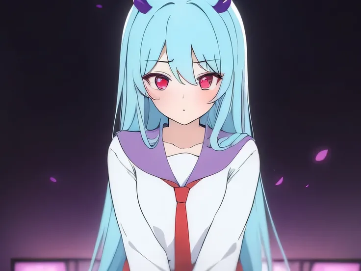 masterpiece，best quality，1 girl，Red eyes，cyan hair，Bania，end，Purple corners smooth，White school uniform，love gesture，shy