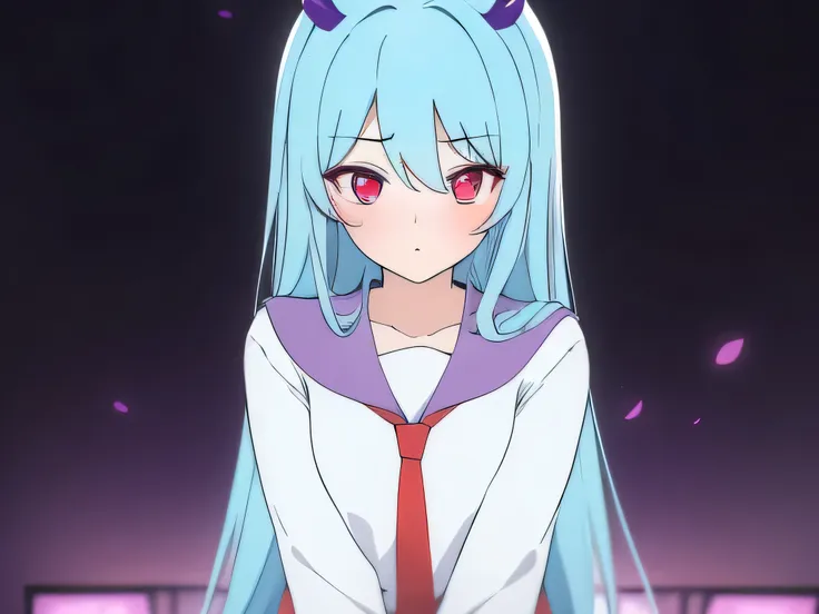 masterpiece，best quality，1 girl，red eyes，cyan hair，bania，end，purple corners smooth，white school uniform，love gesture，shy