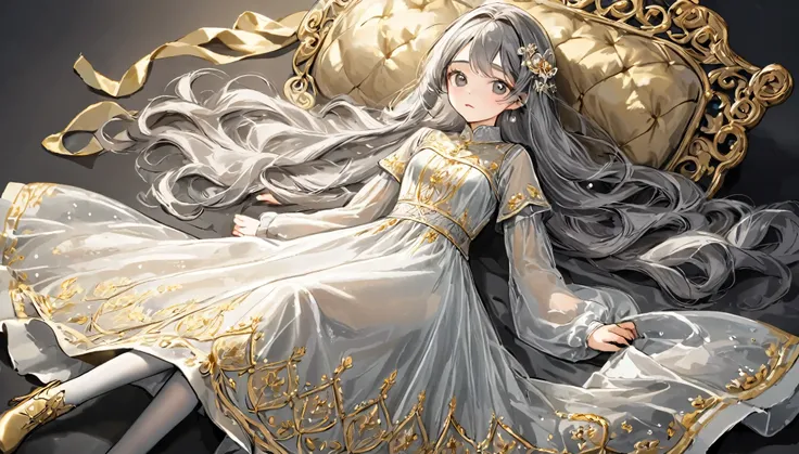 girl, Gold and silver embroidery, White-gray pearl medieval long dress（With panniers）, Translucent fabric, Pull up the dress by hand, Strong winds, Translucent slip, Grey translucent tights, Peeking from below, Highest quality, Disorder of clothing, sit