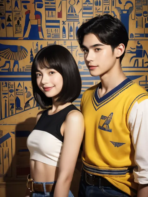 245 Inside the mural２people々々々々々々々々々々(An 18-year-old female and an 18-year-old male), short hair,kind, lipstick, Egyptian civilization, Waist belt, Hieroglyphics, smile