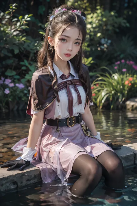 water，wet，masterpiece,best quality,high resolution,Extremely detailed,Elena,have,Long hair,curls,Pink Eyes,earrings,cape,dress,Short sleeve,Gloves,belt,skirt,Black pantyhose,boots,Wind lift,blush,(Make it embarrassing:1.2),outdoor,garden,