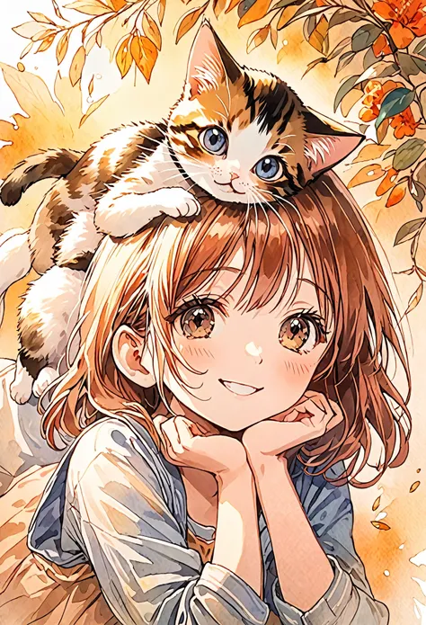 1Girl, 1cat, Detailed and clear watercolor painting. A girl is smiling widely and pointing above her head. A kitten is perched on top of the girls head with its arms and legs hanging down. The cat also seems relaxed. Very beautiful anime illustration with ...