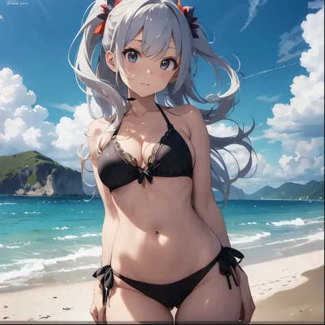 Silver-haired girl drawn in high resolution Japanese anime style、whole body、Women in yellow bikinis taking photos on a deserted beach, Bikini Model, , Young and cute gravure idol, Posing together in bras, Russian and Japanese mix, sakimichan, Asian woman, ...