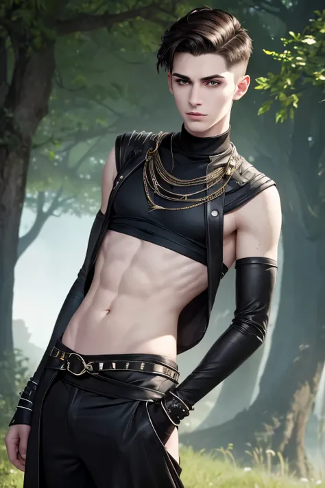 A young male warlock. Extremly pale skin. Friendly looking. Dark-brown hair with an undercut. Short dark brown hair, undercut, sides shaved. A soft round jawline. Narrow jaw. Big forehead. Soft narrow face. Big long nose. Curved lips. Upturned big eyes. Da...