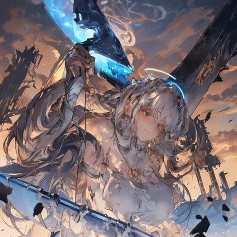 destroyed city, (100 meter tall huge goddess floating, emits light from all over the body, lost pupils, last judgment, blue flame), weapon, aerial angle from below, braid, (((halo, giant axe)))