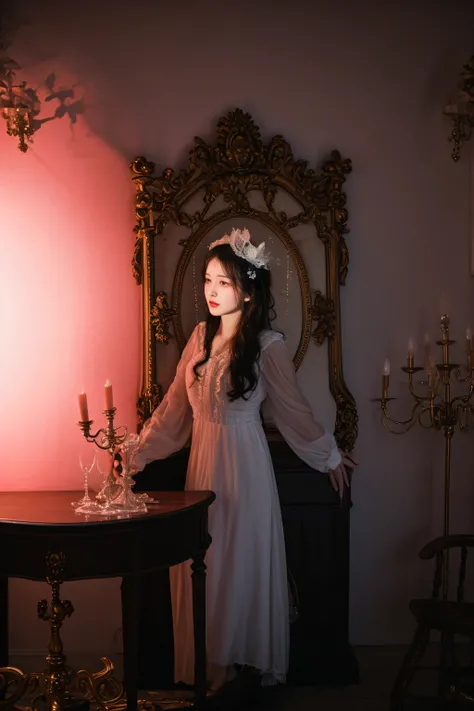 there is a woman in a white dress standing in front of a table, a still of an ethereal, rococo queen, in a dark dusty parlor, a stunning young ethereal figure, dreamy atmosphere and drama, portrait of lolita, doves : : rococo, rococo style portrait, taken ...