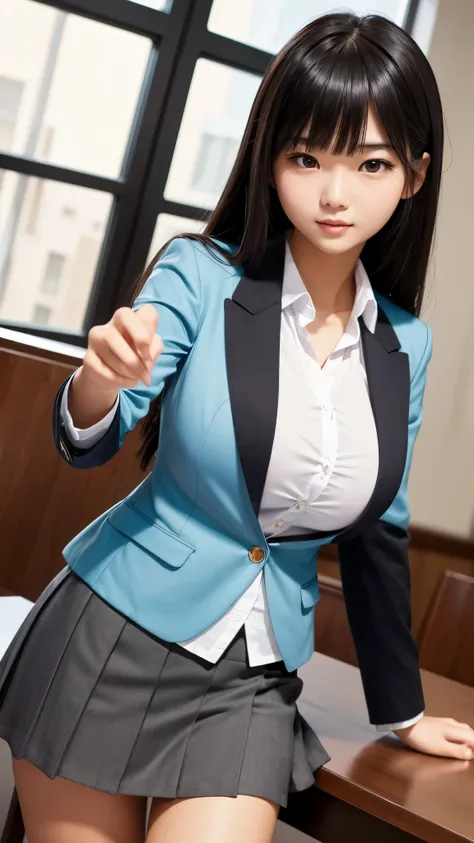 ((high quality)), ((Tabletop)), (Detailed face), (highlight),　Asian Girl、Big breasts、thigh、Black Hair、Heavy bangs、high school girl、skirt、blazer、