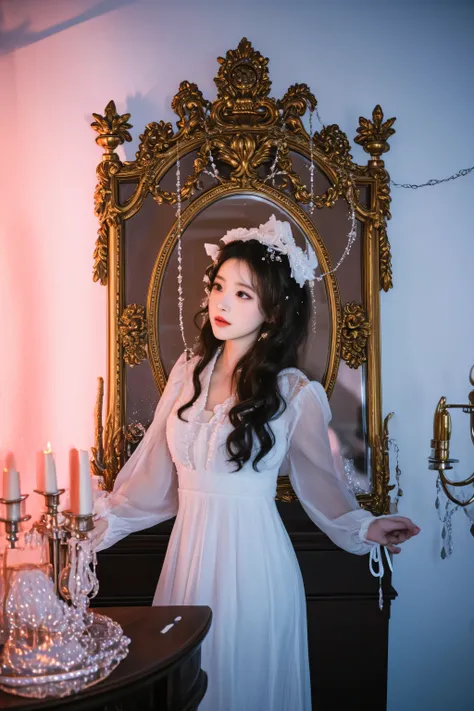 there is a woman in a white dress standing in front of a mirror, rococo queen, high res, rococo dress, a still of an ethereal, a stunning young ethereal figure, portrait of magical lolita girl, ethereal fantasy, dreamy atmosphere and drama, hanbok, portrai...