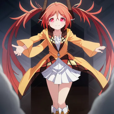 best quality, ultra-detailed, 8k hdr, cinematic lighting, sharp focus, fine details, yellow jacket, red hair, twintails, smiling, skirt