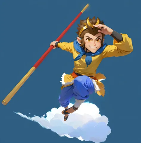 A cartoon image of a man flying in the air holding a pole, sun wukong, wukong, Sun Wukong, Akira in Chinese mythology, Inspired by Hu Zaobin, Journey to the West, hold head high, avatar hold head high, The character is flying, mana in the air, feng shu, gi...