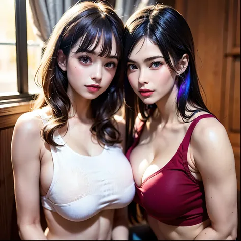 ((rainbow colored hair, 2 beautiful young girls, 2 girls kissing touching and hugging each other:1.2)), Super beautiful detailed face, (Beautiful accentuated super huge enormously gigantic breasts, cleavage and underboob showing:1.3), (Slender body:1.2), (...