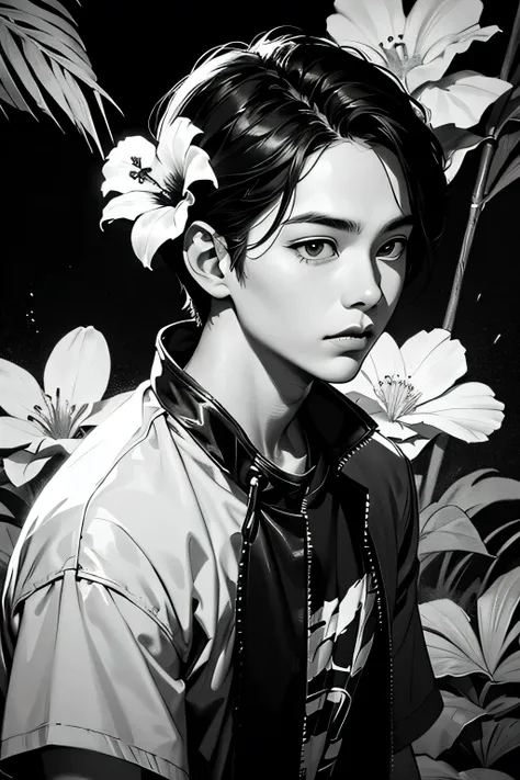 Create digital artwork in pop art, Featuring a bright and confident young asian boy，Street fashion, Movie Color Scheme, Surrounded by vintage floral motifs, Bright brush strokes,Emotions should be dynamic, upper-body, Drawing, illustartion, Grayscale, trop...