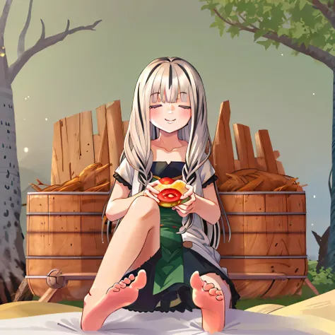 smiling, bare feet, skirt, white shirt, eating
