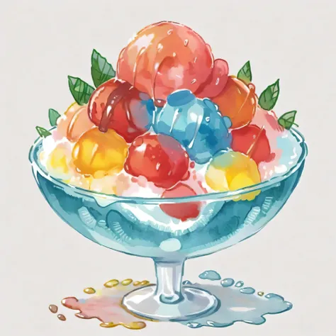 An image in watercolor style featuring a bowl of shaved ice, topped with vibrant, colorful syrups in shades of red, blue, and green. The ice glistens with a realistic texture, while the syrup flows down in a visually appealing manner. The bowl is set again...