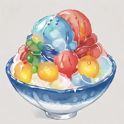 An image in watercolor style featuring a bowl of shaved ice, topped with vibrant, colorful syrups in shades of red, blue, and green. The ice glistens with a realistic texture, while the syrup flows down in a visually appealing manner. The bowl is set again...