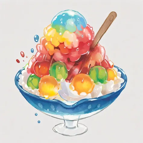 An image in watercolor style featuring a bowl of shaved ice, topped with vibrant, colorful syrups in shades of red, blue, and green. The ice glistens with a realistic texture, while the syrup flows down in a visually appealing manner. The bowl is set again...