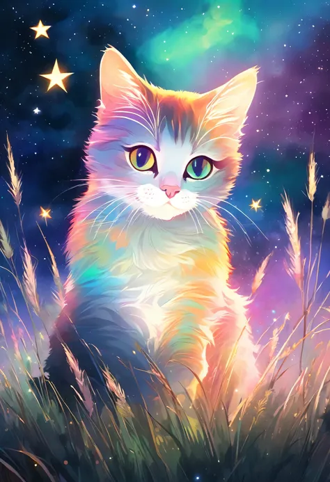 a colorful and lighted sky with a cat sitting in a field surrounded by tall grass, in the style of pastel painting, ethereal light effects, light atmospheric woodland imagery,the stars art group (xing xing), dark shine 