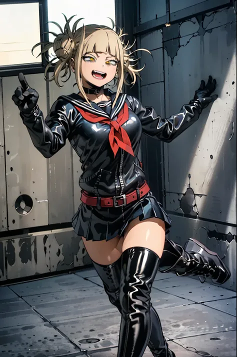 BDSM、Queen、mistress、(((One Girl)))、alone、(((Black latex elbow gloves:1.4 )))、(((Black latex long sleeve sailor suit:1.4)))、(((Black latex super mini pleated skirt:1.4)))、(((Black thigh-high boots)))、(((Black fishnet stockings:1.2 )))、(((Stiletto heels)))、(...