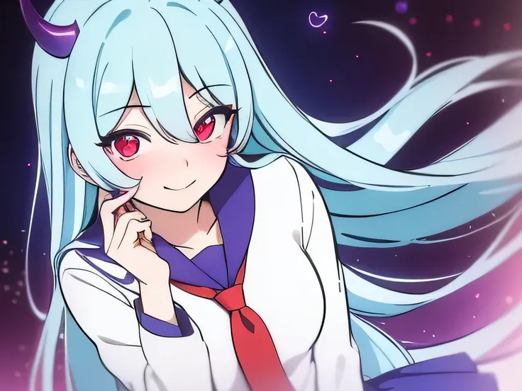 masterpiece，best quality，1 girl，Red eyes，cyan hair，Bania，end，Purple corners smooth，White school uniform，love gesture，shy，Smile