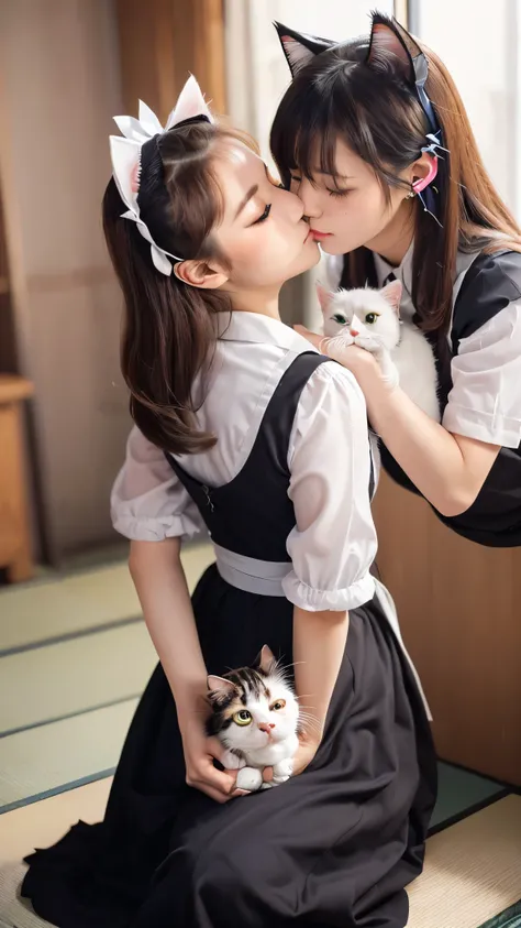 masterpiece, 4K, bokeh, (cute:1.5), (beautiful girl:1.3), (Japanese Idols:1.6), (Cat ear:1.3) , (maid:1.3),  (I like cats:1.6), Blushed,  (Holding a pretty white cat:1.5), (Kiss the cat:1.3), (constellation :1.4), Starry Sky