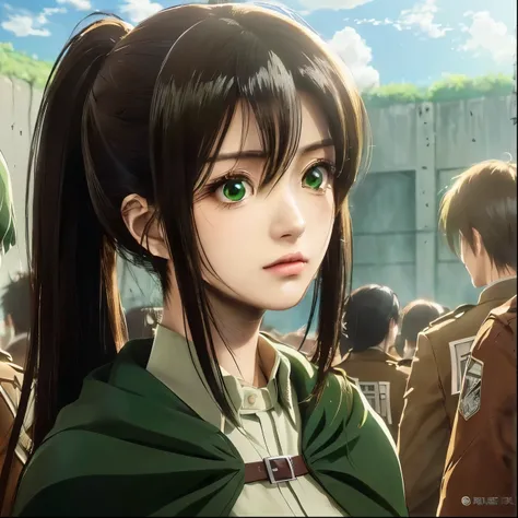 anime image of a woman with long hair and green eyes, from attack on titan, in attack on titan, (attack on titans anime), portrait of eren yeager, shingeki no kyojin, eren yeager, eren jaeger, attack on titans, attack on titan, attack on titan covert art, ...