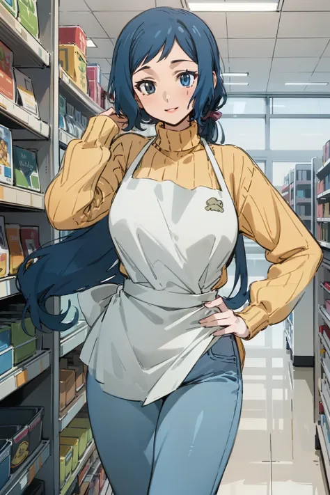 (Masterpiece), Best Quality, ultra-detailed, 1girl (rinko_iori, Slender and sexy body, big and pretty breasts, dark blue hair, long wave hair, blue eyes), smile,parted lips, facing viewer, looking at viewer, solo, yellow turtle neck sweater,   denim pants,...