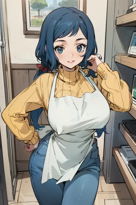 (Masterpiece), Best Quality, ultra-detailed, 1girl (rinko_iori, Slender and sexy body, big and pretty breasts, dark blue hair, long wave hair, blue eyes), smile,parted lips, facing viewer, looking at viewer, solo, yellow turtle neck sweater,   denim pants,...