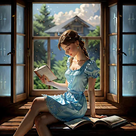 digital painting of a young woman with light blue dress sitting next to a wooden window reading a book, by stanley artgerm lau, ...