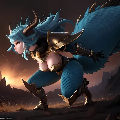 1girl, 25 years old, feisty, zinogre, detailed face, beautiful eyes, beautiful lips, long eyelashes, horns, armor, claws, detailed fur texture, fantasy creature, powerful, action pose, dark background, cinematic lighting, moody atmosphere, digital art, con...