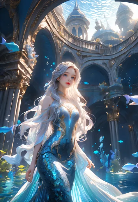 1girl, underwater palace, pretty mermaid girl, long flowing hair, beautiful detailed eyes, beautiful detailed lips, extremely de...