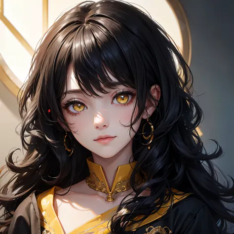 (portrait:1.5), 8k、black hair curly hair、yellow eyes