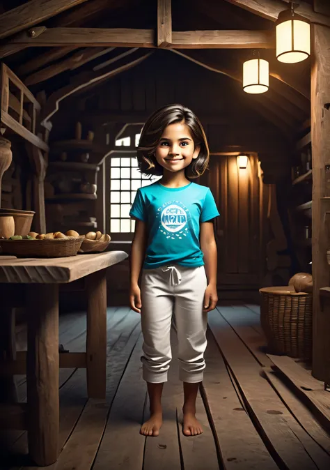 one girl standing alone in a wooden village, hair is short, wearing a full sleevs t-shirt and white box pants, 
full body, looki...