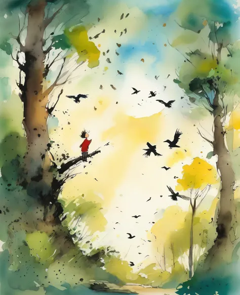 quentin blake style photo 、forest trees, light, wind and birds、portraiture、high resolution、stir the sky、highest quality、masterpi...