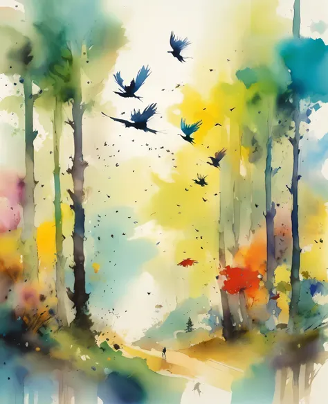 quentin blake style photo 、forest trees々, light, wind and colorful birds、portraiture、high resolution、shake the sky、highest quali...