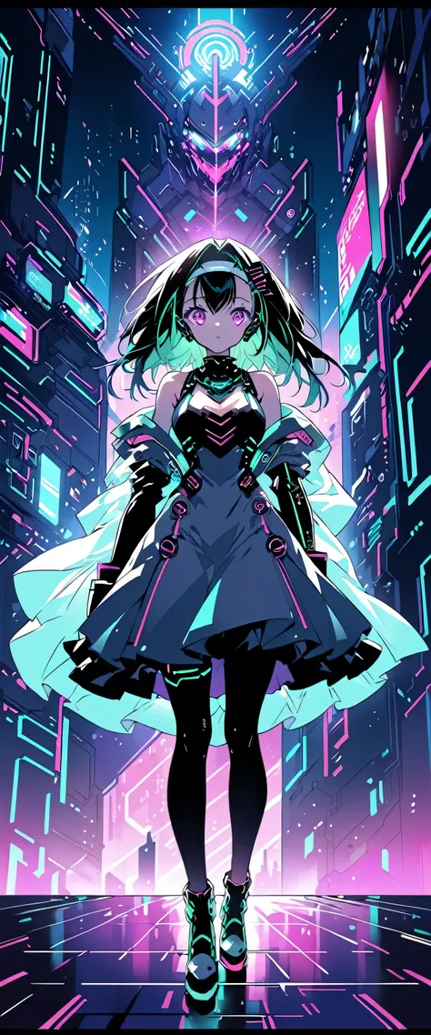 Anime girl in a dress and headband standing in front of a building, digital cyber-punk anime art, Digital cyber-punk - Anime Art, アニメ cyber-パンク アート, cyber-punk Anime Girl, cyber-punk Anime Girl mech, Anime Style 4k, Best anime 4k konachan wallpaper, cyber-...