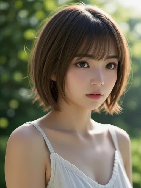 1 Japanese girl, (looking away:1.4), (upper body shot:1.2), Beautifully detailed eyeballs, catchlight in the eyes, Realistic digital painting of a woman portrait, Shy,  Cute,  open mouth to say something, sad, brown eyes,  (short hair:1.1), (light brown br...