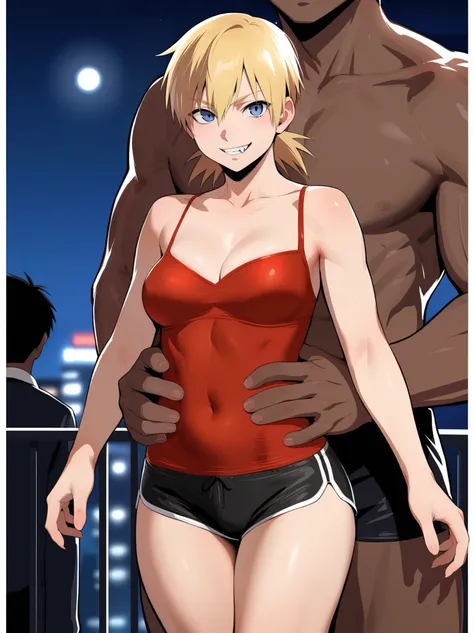 score_9, score_8_up, source_anime, standing, hellsing, seras, blonde hair, nude, indoors, night, night sky, nighttime, vampire, smirk, fangs, ikuchan, balcony, town background, clothed, male wearing shorts, muscular male, medium breasts, boyfriend, couple,...