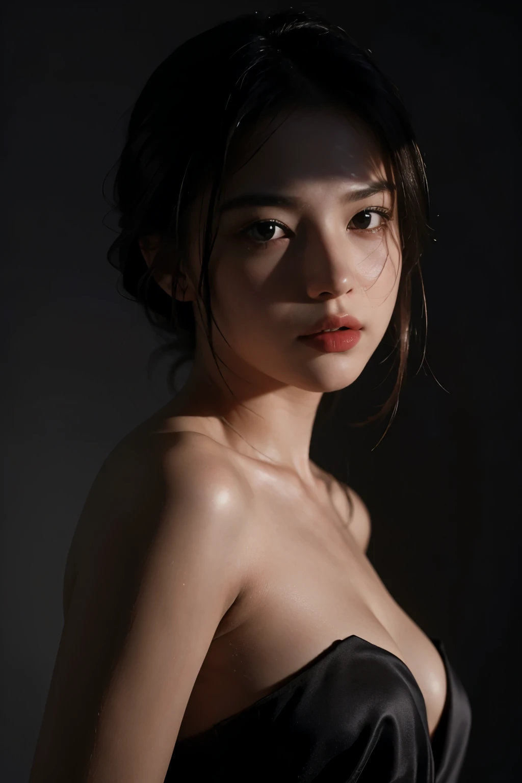 Best quality, masterpiece, ultra high res, (photorealistic:1.4), raw photo, 1girl, offshoulder, deep shadow, low key, cold light, chiaroscuro, grey background