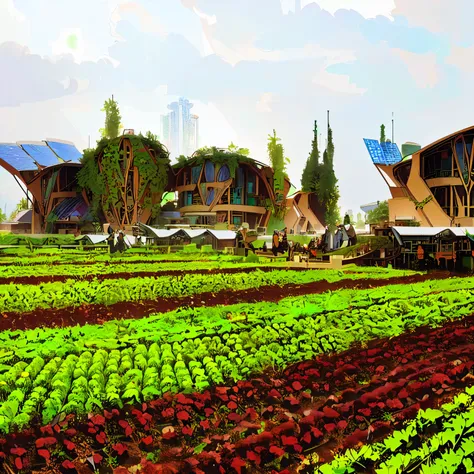 There are many different types of plants in the field, ecovillage, Solarpunk Bistro, Vincent Callebaut, Organic Architecture, Permaculture, Broad view of the farm, Central Farm, Plant Building, Solar Punk Village, scifi farm, hydroponic farms, Manicured so...