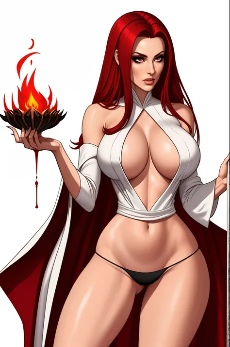 sorceress. sexy white robe, black panties, red hair, blank background, white background